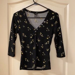 Rue 21 V-Neck Shirt Black with Yellow Flowers